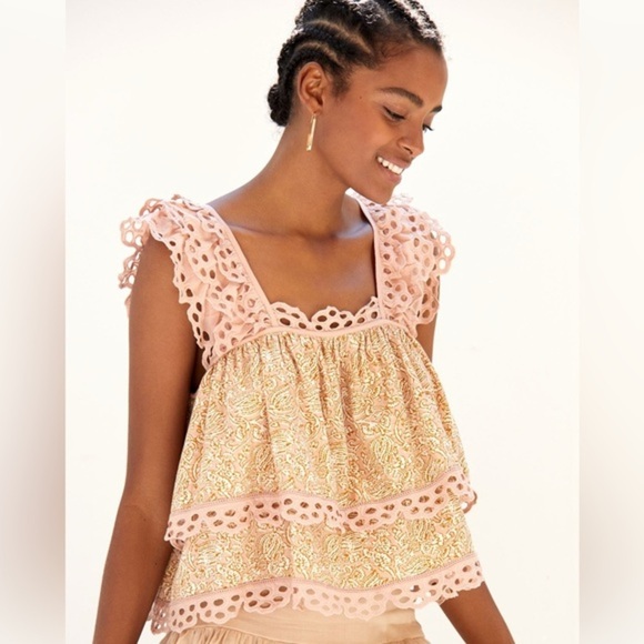 Anthropologie Tops - Anthropology Let Me Be Eyelet Swing Top Size M Neutral Motif NWT